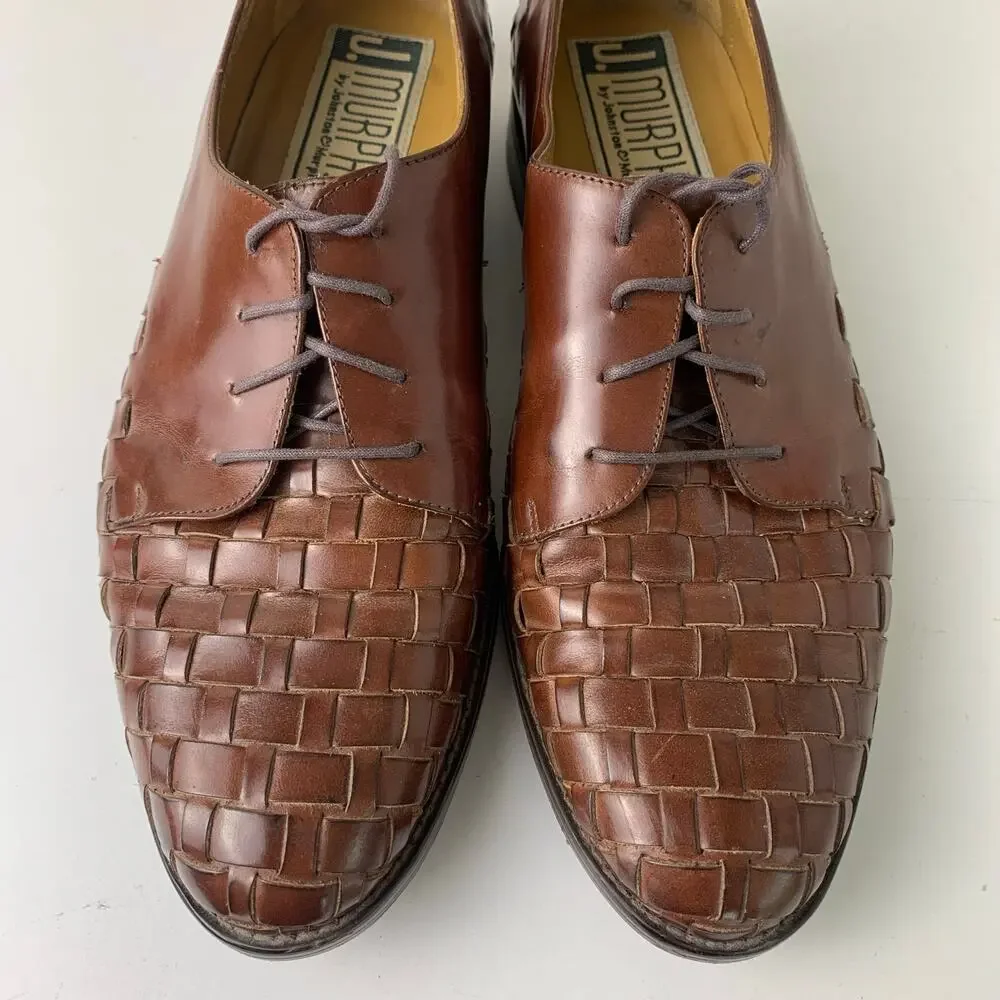 Johnston Murphy Brown Leather Oxford Dress Shoes Woven Leather Men's 8.5M